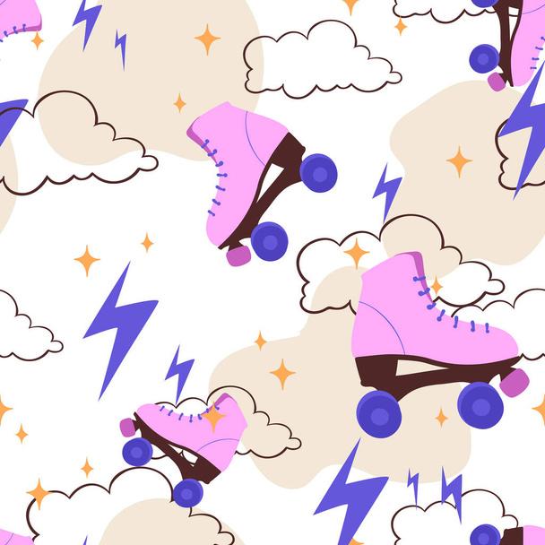 Vector seamless pattern with pink roller skates, clouds, flashes - Vector, Image