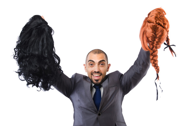 Divertente uomo d'affari con parrucca femminile isolato su bianco - Foto, immagini