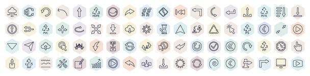 set of user interface web icons in outline style. thin line icons such as cloud with connection, reload webpage, right curve arrow, curved arrows, loop arrow, 6 ps, bending, corner widget, gap, - Vector, Image