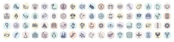 set of religion web icons in outline style. thin line icons such as hamsa hand, lamb of god, burning bush, sacred cow, religious salt, four species, shofar, mezuzah, hamantaschen icon. - Vector, imagen