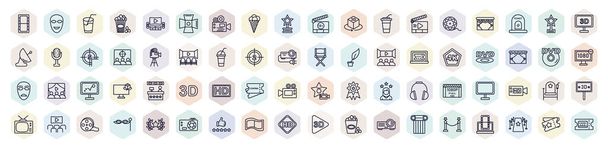set of cinema web icons in outline style. thin line icons such as camera roll, drink with straw, stripped ice cream cone, movie clapper open, old projector, dvd, hd, cinema chair, hd video - ベクター画像
