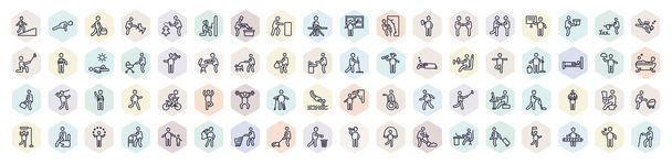 set of behavior web icons in outline style. thin line icons such as climbing stairs, man shopping, man pushing, two men meeting, man fitness, cleaner lifting bar, reading newspaper, throwing trash, - Vector, Imagen