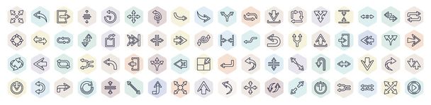 set of arrows web icons in outline style. thin line icons such as expand, exit right, right direction, square, extract, enter left, multiply, right curve, up arrow icon. - Vector, Imagen