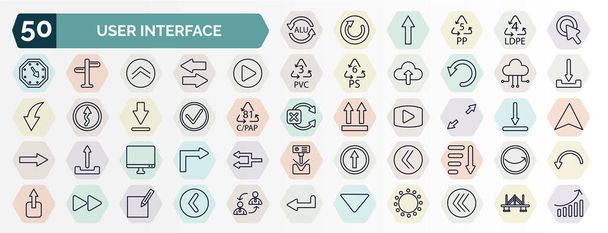 set of user interface web icons in outline style. thin line icons such as alu, mouse clicker, right arrow play button, cloud with connection, right, scale arrows, display, double arrows, forward - Вектор,изображение