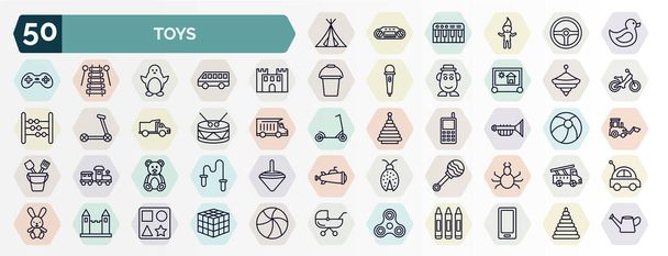 set of toys web icons in outline style. thin line icons such as tent toy, duck toy, bouncy castle toy, spinning drum et teddy bear rattle castle spinner icon. - ベクター画像