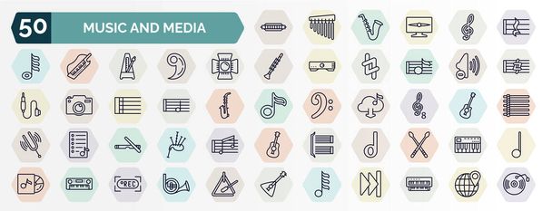set of music and media web icons in outline style. thin line icons such as harmonica, quarter note rest, music spotlight, low volume speaker, half note, octave, clave, minim, synthesizer, thirty - Vetor, Imagem