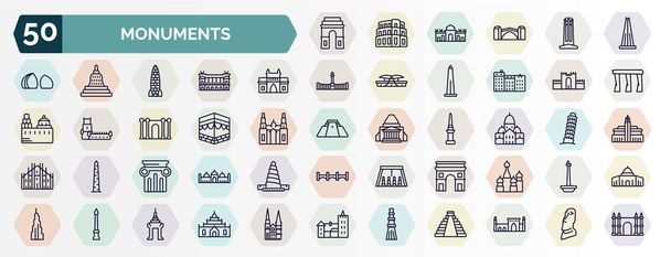 set of monuments web icons in outline style. thin line icons such as medieval, the, gat of india, medieval walls in avila, kaaba building, , greek column, arc of triomphe, monument site, qutb minar - ベクター画像