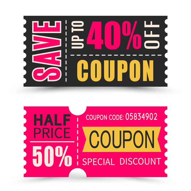 Set of discount coupons in different shapes. Gift voucher with coupon code.  Sale and discount or gift concept.  Vector illustration. - Vector, Image