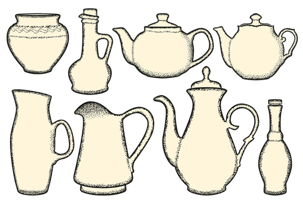 Set of kitchen vessels. Teapot, coffee pot, bottles, beverage containers. Dot sketch. - Vector, Imagen