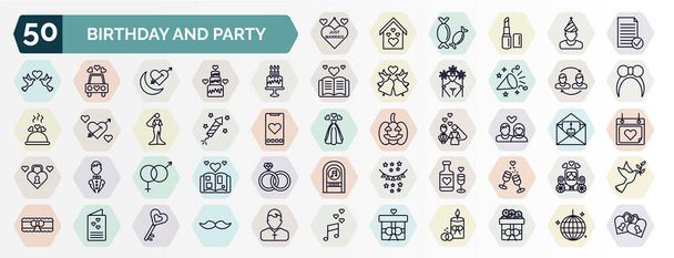 set of birthday and party web icons in outline style. thin line icons such as just married, proposal, birthday, relationship, birthday rocket, couple, genders, wedding wine, wedding letter, wedding - Vektor, Bild