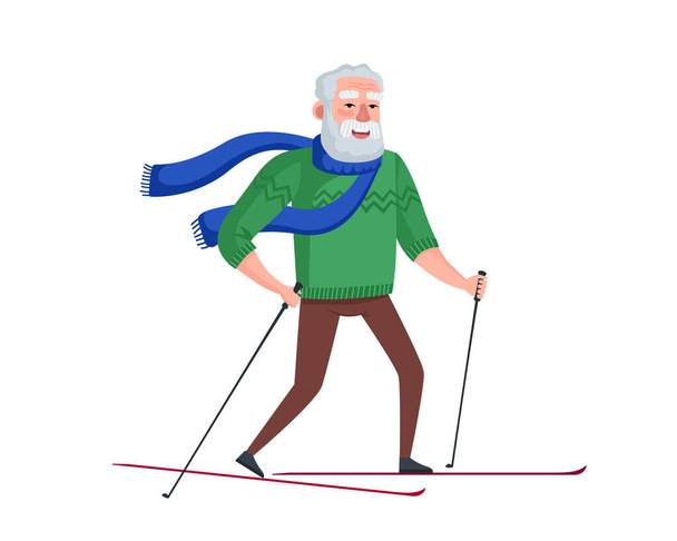 Starší lyžování. Starší muž na lyžích zimní aktivity. Starý děda zdravý životní styl. Dědeček v důchodu se stěhuje. Veselý odpočinek důchodců. Aktivní zábava dědeček vektor eps ilustrace - Vektor, obrázek