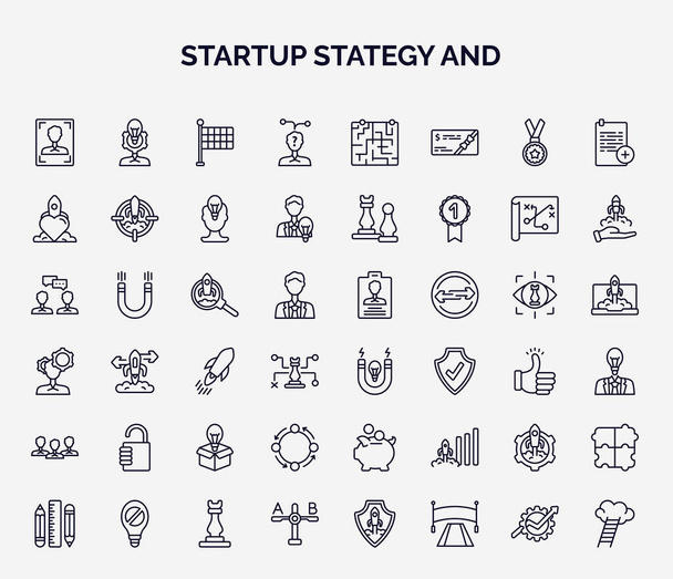 set of startup stategy and web icons in outline style. thin line icons such as humanpictos, strategy choice, reaction, startup project search, idea magnet, open padlock, procedure, management, - Vector, Imagen