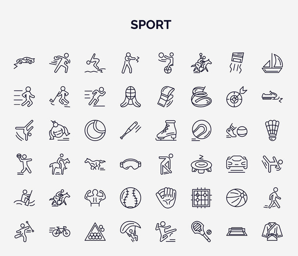 sport web ikonok sorozata körvonalazott stílusban. vékony vonal ikonok, mint a rallycross, kickbox, nyomvonal futás, tenisz labda, aerobik, lovas, softball, kézilabda, siklóernyőzés ikon. - Vektor, kép