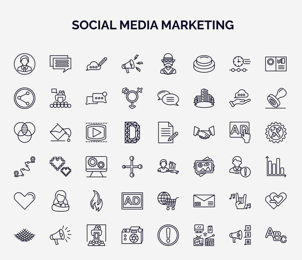 közösségi média marketing webes ikonok körvonalazott stílusban. vékony vonal ikonok, mint a felhasználó avatar, bejelentés, fotó megosztás, video lejátszó, hajléktalan, avatárok, hirdetés, rocker, nagy fotó kamera ikon. - Vektor, kép