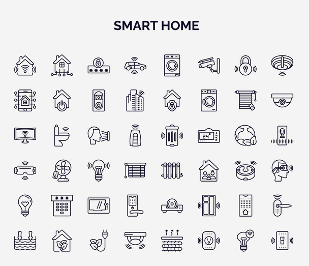 intelligens otthoni webes ikonok körvonalazott stílusban. vékony vonalú ikonok, mint például az otthoni automatizálás, autonóm autó, mobilitás, arcvizsgálat, hőszivárgás, tárcsázás, fogantyú, intelligens otthoni konzol, érzékelő ikon. - Vektor, kép