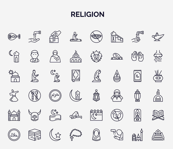 set of religion web icons in outline style. thin line icons such as oud, islamic friday prayer, subah prayer, maghrib prayer, arabic lamp, crusade, ruku posture, old oil lamp, raya rosary - Vector, Image