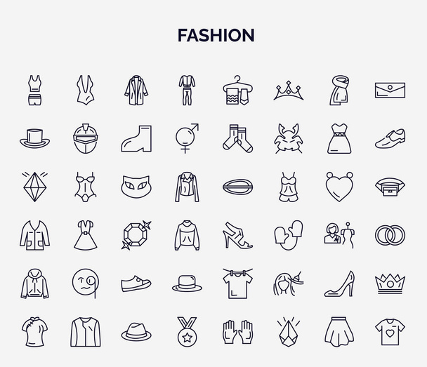 set of fashion web icons in outline style. thin line icons such as women tracksuit, men tracksuit, cylinder hat, cat eyes, high heel sandals, monocle, round hat, high heel shoes, star medal - Vector, Image