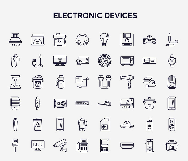 σύνολο ηλεκτρονικών συσκευών web icons σε στυλ περίγραμμα. λεπτής γραμμής εικονίδια όπως κουκούλα εξάτμισης, ακουστικά, ποντίκι, σκουπιδοφάγο, φυσητήρας φύλλων, συμπιεστής απορριμμάτων, σωληνοκάβουρας, εξατμιστής, fax hine - Διάνυσμα, εικόνα