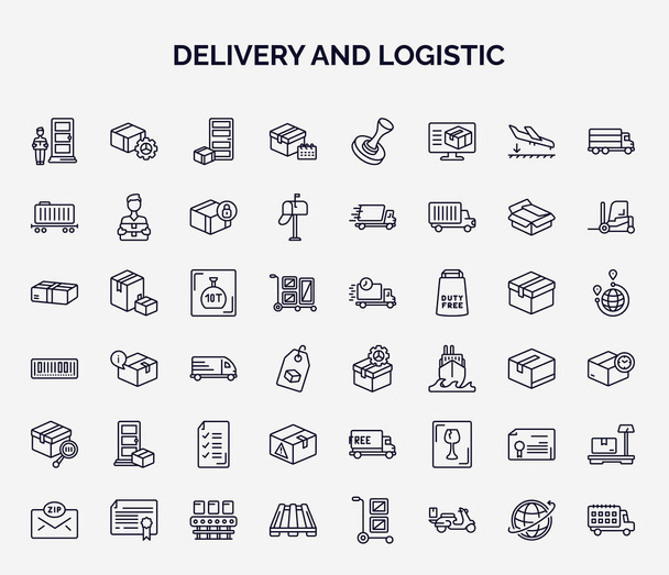 set of delivery and logistic web icons in outline style. thin line icons such as delivery door, delivery scheduled, cargo train, weight limit, supply chain, on door warning, waybill, pallet - Vector, imagen