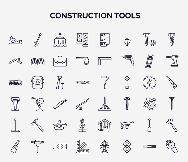 set of construction tools web icons in outline style. thin line icons such as jack plane, wallpaper, roof, hammer and nail, bump cutter, brick hammer, hook with cargo, working shovel, pantone, - Wektor, obraz