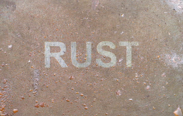 Word RUST rusting pattern rust stainless decay, resistant weather corrosive getting old passage of time time lapse Droplets of water - Photo, Image