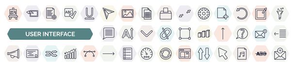 set of user interface icons in outline style. thin line icons such as artboard, direct selection, wheels, text in, 3d bars, amplified speaker, crossed arrows, slim right, up and down arrow - Vector, Image
