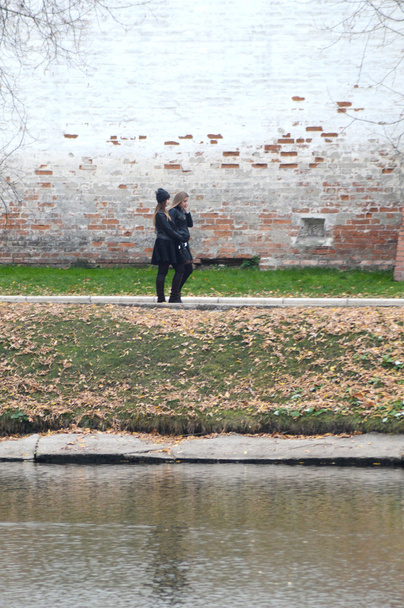Autumn landscape. Two young women walk around the walls of the Novodevichy Convent - Φωτογραφία, εικόνα