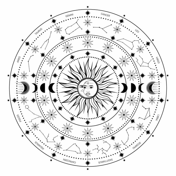 Ręcznie narysowany krąg Słońca, Księżyca, gwiazdy, konstelacji. Konstelacja niebiańskiej przestrzeni. Symbol zodiaku horoskopu, astrologia gwiazd, znak astrologiczny. Magiczna galaktyka kosmiczna, ilustracja szkicu wektora - Wektor, obraz