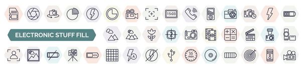 set of electronic stuff fill icons in outline style. thin line icons such as memory card, three quarters, portable music player, landscape photo, photogram, portrait, low battery, screen grid, - Vector, Image