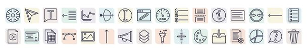 set of user interface icons in outline style. thin line icons such as wheels, text box, archer, numbering, left side alignment, postal, anchor point, amplified speaker, file inbox icon. - Vector, Image