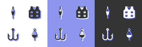 Set Flotador de pesca, gancho y chaqueta icono. Vector - Vector, imagen