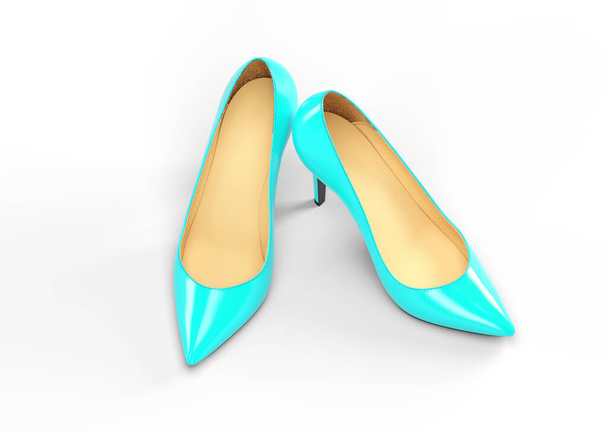 Dvojice tyrkysových dámských bot na bílém pozadí, 3D vykreslující ilustrace. - Fotografie, Obrázek