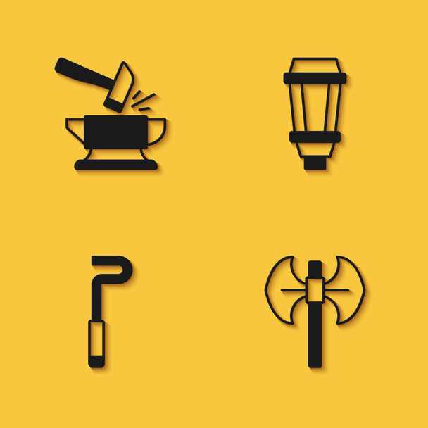 Set Kovadlina a kladivo, Středověké polemiky, Požární poker a Zahradní lampy ikona s dlouhým stínem. Vektor - Vektor, obrázek