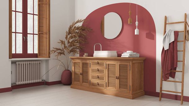 Κλασικό μπάνιο σε vintage λευκό και κόκκινο τόνους, μπαστούνι ξύλινο νιπτήρα, συρταριέρα, καθρέφτη, κρεμάστρα και διακόσμηση. Παρκέ και παράθυρο με παντζούρια. Σύγχρονη εσωτερική διακόσμηση - Φωτογραφία, εικόνα
