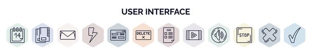 set of user interface web icons in outline style. thin line icons such as daily calendar day 14, office folders, letter envelope, lightning flash, looking, delete button, blank file, video edition, - Vector, Image