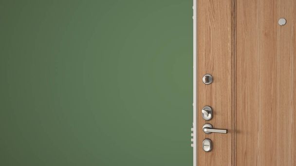 Wooden entrance door opening on empty green colored background with copy space, concept interior design - Photo, Image