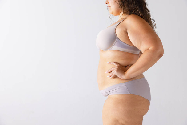 Cropped image of plump, fat female body in underwear isolated over grey studio background. Healthy eating . Concept of beauty, body and skin care, health, plastic surgery, cosmetics, ad - Φωτογραφία, εικόνα