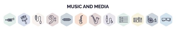 set van muziek en media web iconen in grote lijnen stijl. dunne lijn pictogrammen zoals trombone, cabasa, oplaadplug, sleutel, harmonica, saxofoon, jazz, jack connector, crotchet pictogram. - Vector, afbeelding