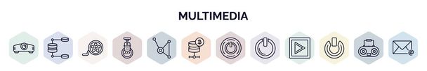 set of multimedia web icons in outline style. thin line icons such as projector len, data flow, roll, condenser, substance, bitcoin storage, on button, start button, power on button icon. - Vector, Image