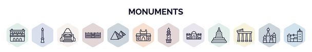 set of monuments web icons in outline style. thin line icons such as lonja of zaragoza, monument site, shrine of remembrance, palace versailles, egyptian, gat india, clock tower, alcala gate, temple - Vector, Image