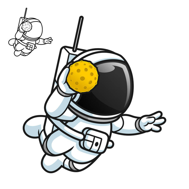 Cute Astronaut Playing Handball with Moon Ball with Black and White Line Art Drawing, Science Outer Space, Vector Character Illustration, Outline Cartoon Mascot Logo in Isolated White Background - Vector, imagen