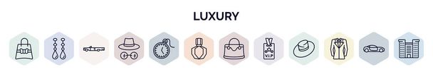 set of luxury web icons in outline style. thin line icons such as gift bag, earrings, old car, ganster, pocket watch, fragrance, handbag, vip pass, suit icon. - Vector, Image