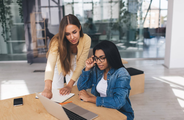 European businesswoman showing something on laptop computer to her black female colleague. Concept of modern successful women. Idea of teamwork. Young concentrated girls at desk in office - 写真・画像