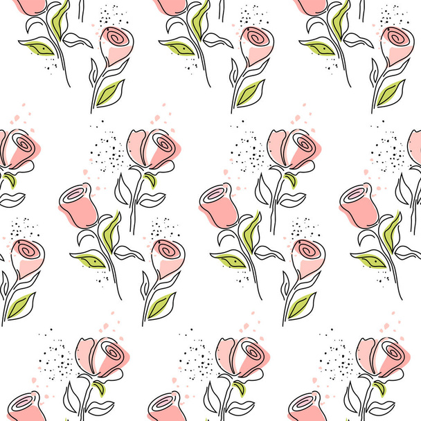 Nahtloses Muster aus abstrakten Blumen mit schwarzem Umriss. Florale Zeichnung in einer Linie skizzieren. Doodle-Vektor-Illustration auf weißem Hintergrund. - Vektor, Bild