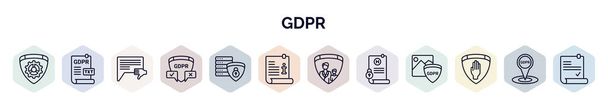 set of gdpr web icons in outline style. thin line icons such as gear, text file, complaint, decision making, data processing, information, child consent, medical record, right to objection - Vector, Image
