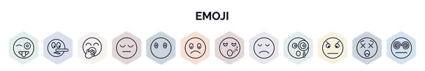 conjunto de iconos web emoji en estilo de esquema. iconos de línea delgada como emoji lengua, emoji mentiroso, bostezar cansado sin boca, ligeramente frunciendo el ceño durmiendo icono enojado decepcionado. - Vector, imagen