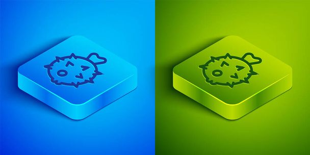 Isometric line Fish hedgehog icon isolated on blue and green background. Square button. Vector. - Vector, Image