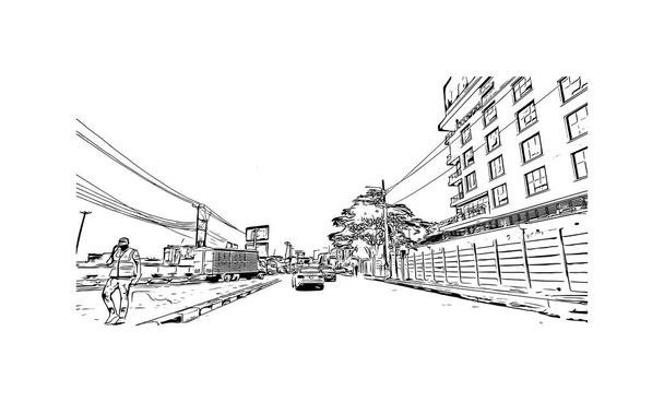 Print Gebouwenzicht met herkenningsteken van Nairobi is de hoofdstad van Kenia. Handgetekende schets illustratie in vector. - Vector, afbeelding