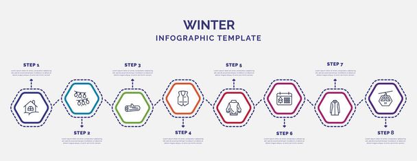 infographic template με εικονίδια και 8 επιλογές ή βήματα. infographic για την έννοια του χειμώνα. περιλαμβάνονται σαλέ, κορμοί, άνορακ γιλέκο, ζιβάγκο πουλόβερ, Χριστούγεννα ημέρα, γούνα παλτό, εικονίδια καμπίνα τελεφερίκ. - Διάνυσμα, εικόνα