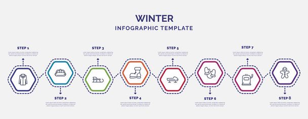 infographic template with icons and 8 options or steps. infographic for winter concept. included coat, sledge, snow boot, bobsled, mittens, heater, gingerbread man icons. - Vector, Image